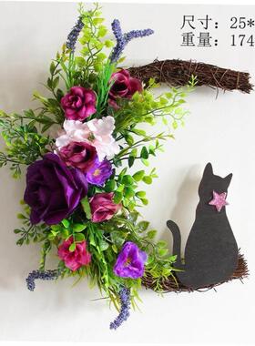 Halloween Moon Cat garland door hanging rattan ring decorati