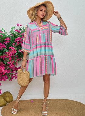 Women's printed collar seven quarter sleeve dress