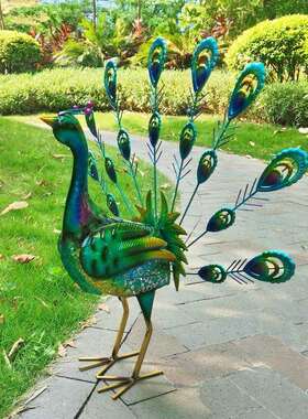 室外造景道具装饰太阳能灯闪烁花园户外铁艺动物摆件雕塑孔雀开屏