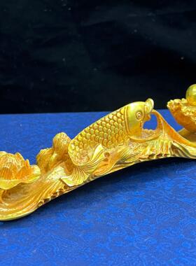 复古锌合金鎏金年年有鱼如意 金属摆件工艺品 文创市集古风老物件