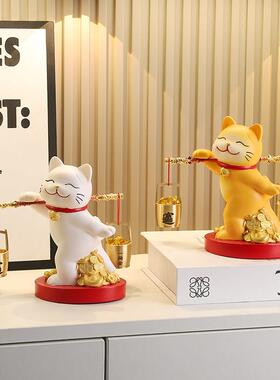 新中式一桶金招财猫摆件乔迁开业礼物客厅电视柜门店收银台装饰品