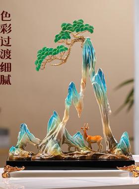 新款珐琅合金艺术品摆件彩青山鹿创新中式家居客厅酒柜玄有关意装