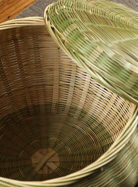 纯手工竹编带盖子收纳筐 家用圆形大号水果篮竹篮子 馒头筐鸡蛋筐
