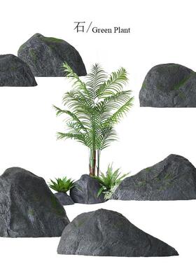 大型绿植造景组合 仿真石头植物搭配装饰青龙石 楼梯转角橱窗摆件