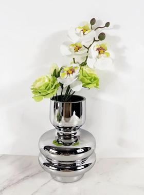创意电镀几何螺纹玻璃花瓶客厅样板房银色水培插花器软装饰品摆件