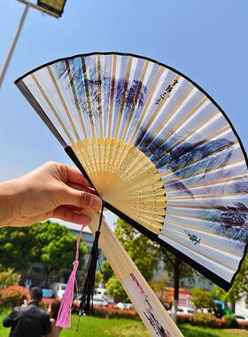 中国风汉服配饰折扇舞蹈女扇夏季便携绢布花鸟画扇新中式美学扇子