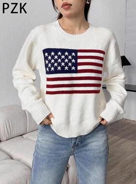 Women's Casual American Flag Knitted Sweater, Autumn Winter
