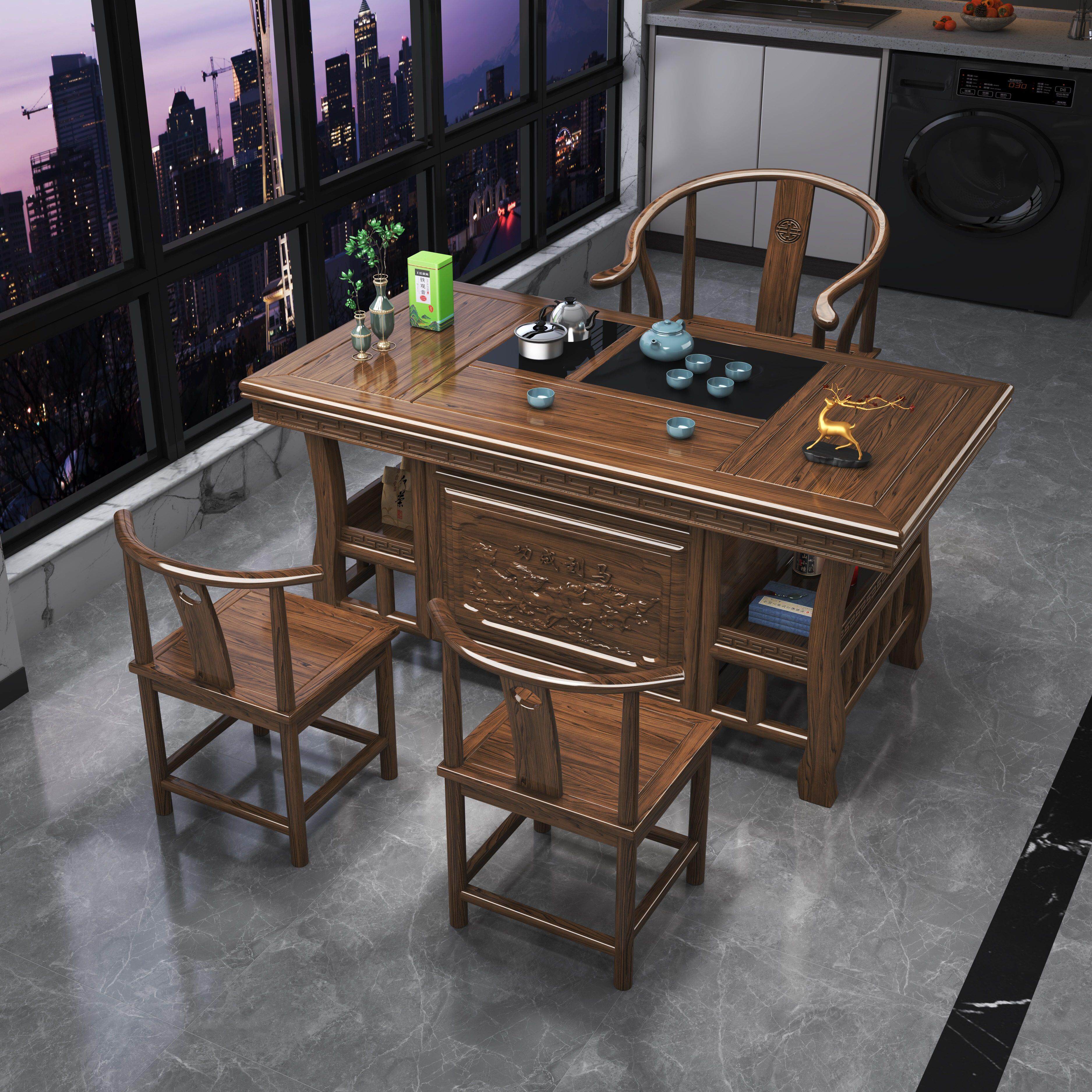 New Chinese-style solid wood tea table and chair combination small apartment tea brewing tea table and water boiling tea table tea set set