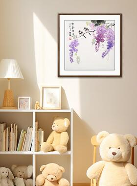 纯手绘国画斗方花鸟画餐厅装饰画荷花梅花紫藤实木画框客厅挂画