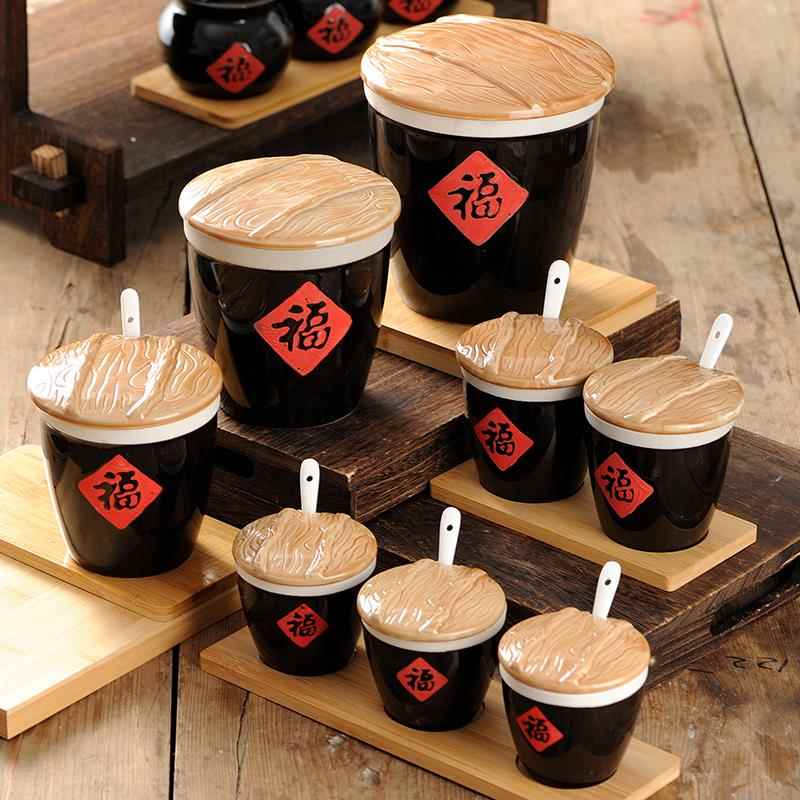 复古福字碗小水缸杯子泡菜坛厨房粗陶瓷调料罐茶酒杯花盆工艺摆件