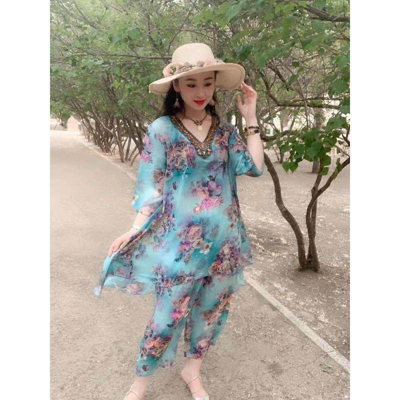 新款夏女雪纺套装妈妈休闲印花薄加大V领亮钻胖姐m网红两件花套衫,淘宝优惠券,粉丝福利购,淘宝优惠卷