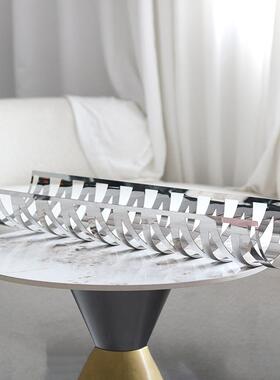 现代艺术卷边托盘轻奢几何网格镂空果盘摆件样板房售楼处软装饰品