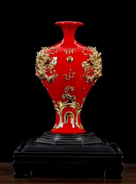 德化中国红瓷器漆线雕美人瓶龙凤呈祥中式结婚礼物婚庆定制礼盒装