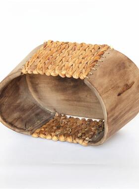 厂家销售手工制作蒲草和泡桐混搭编织储物器皿工艺品装饰摆件