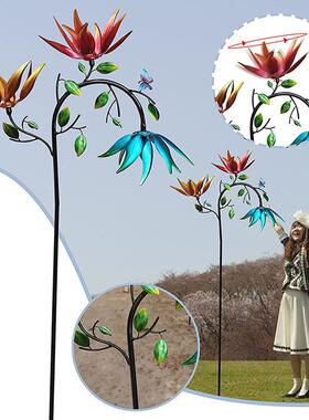 Sunflower windmill 带有三个旋转花朵和蝴蝶的大型金属风车地插