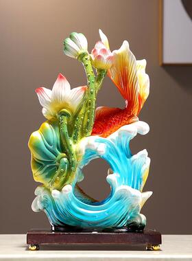 年年有鱼招财摆新件创意中式工艺品树厅玄关双鱼戏水酒柜脂装客饰