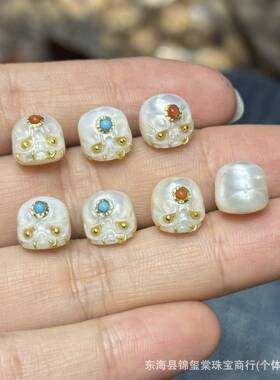 天然珍珠雕刻件阿呆花牌三通隔珠文玩配件手链项链饰品配件