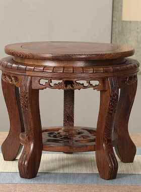 红木圆形底座花瓶鱼缸花盆景观赏奇石头观音佛像鸡翅实木雕刻托架