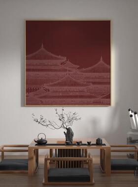 新中式装饰画红色楼阁建筑古典轻奢客厅沙发墙面玄关壁画方形挂画