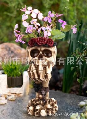 跨境新款花瓶不听不看不说手托骷髅创意家居桌面装饰艺术插花摆件
