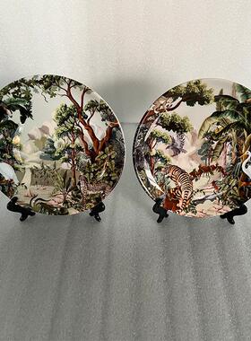 热带森林动物装饰盘 出口创意植物豹子家居陶瓷摆饰 客厅装饰挂件