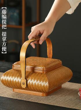 中式纯手工竹编提篮手提带盖食盒桌面点心篮茶具收纳筐储物茶点盒