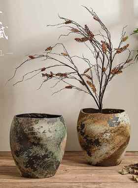 高档景德镇陶瓷盆家用干落地客厅大号覆古诧寂陶风摆件花花瓶插花