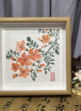 手绘国画凌霄花，摆台，装饰画，含框22×22