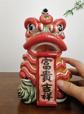 美陶《狮舞升平》石湾公仔 客厅电视柜中式陶瓷醒狮工艺礼品摆件