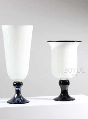 中古风黑白拼色高脚大口琉璃花瓶法式复古客厅插花艺术装饰品摆件