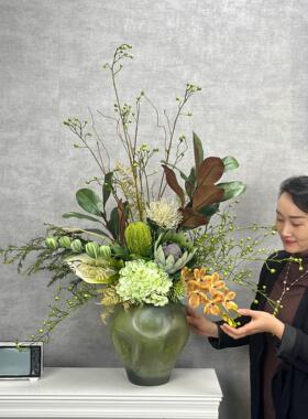 高档玄关仿真花束成品放空花瓶高级感客厅摆花绿色系装饰假花摆件