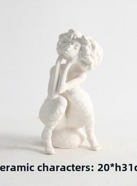 现代简约米色优雅陶瓷花瓶抽象女孩人物雕塑水果盘茶几样板间装饰