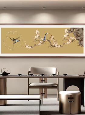 喜上枝头客厅装饰画带钟表新中式寓意好茶室挂画喜庆花鸟实木壁画