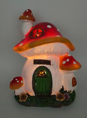 厂家直销花园蘑菇房子树脂摆件庭院草坪装饰品太阳能亮灯摆件