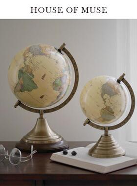 缪斯家 真！黄！铜！印度芒果木地球仪覆古摆件书房客厅家居饰品