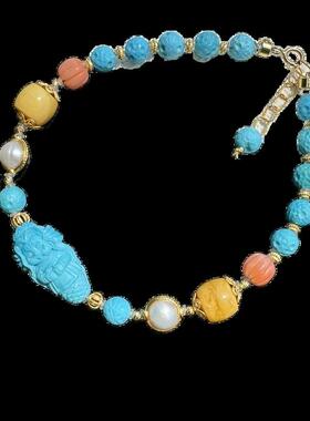 新品天然原矿高瓷绿松石美人鱼星球珠手串 18k金镶嵌珍珠配饰手链