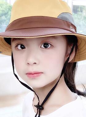 儿童渔夫帽女童夏季户外爬山防晒遮阳帽子徒步露营登山帽可扎马尾