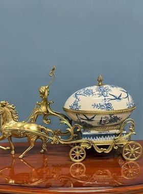 高档创意纯铜包马拉车果盘客摆件欧式美式厅玄关陶瓷摆瓷配铜收纳