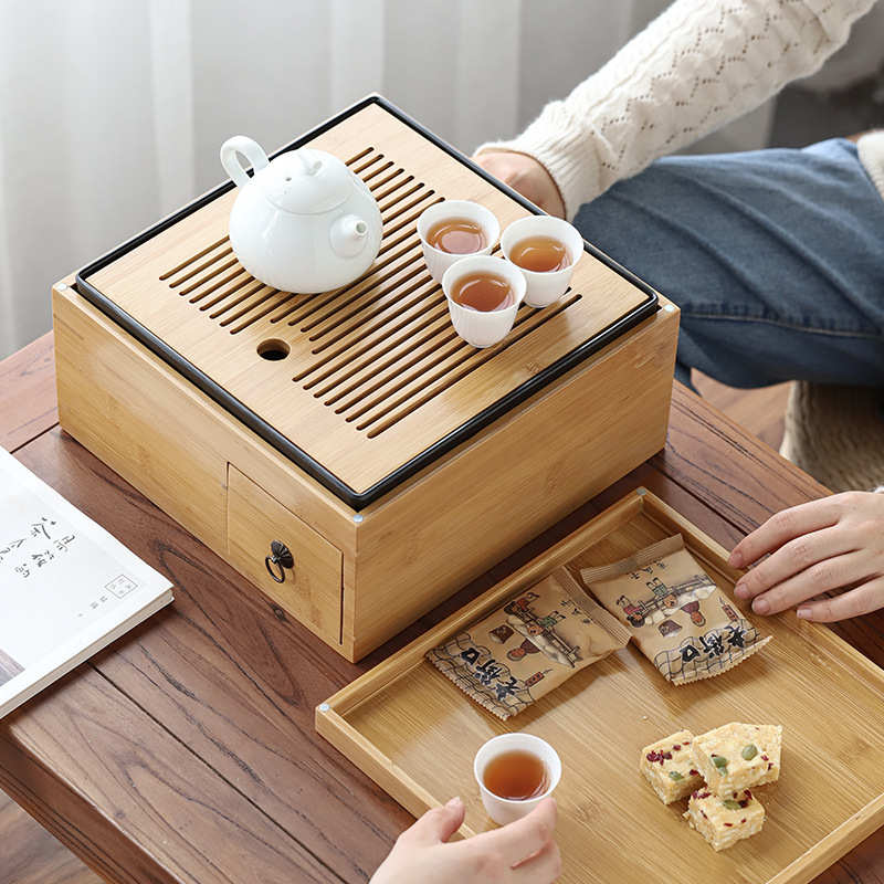 Household small bamboo small tea table creative combination melamine dry bubble tray plus storage box Kung Fu tea set creative tea tray