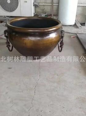 铸铜工艺品双狮头拉环铜缸景观缸雕塑鱼鳞纹铜大缸