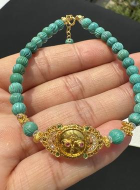 新品天然原矿绿松石百香籽手链单圈手串精美珠链珠串18k金配饰5mm