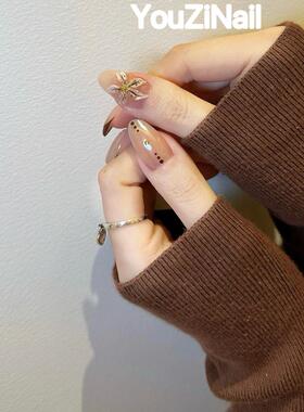 柚子森林【秋色温暖】纯手工穿戴甲美甲贴片法式雕花成品