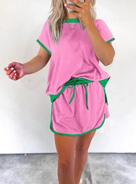 Women's Summer Casual Colorblock Drop Shoulder 2 Piece Sets