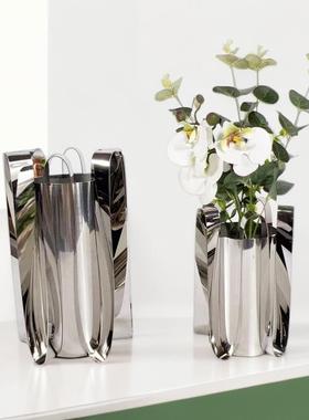 现代简约欧式银色金属裙边花器花瓶摆件样板房售楼处软装饰品