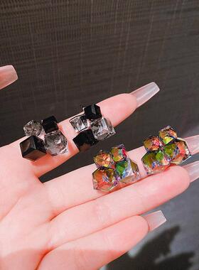 earrings几何方块立体梦幻水晶耳钉耳环高级渐变彩色方糖百搭耳饰