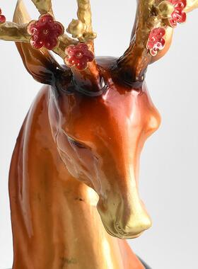 中式合金珐琅彩梅花鹿摆件样板房家居桌面玄关电视柜软装动物饰品