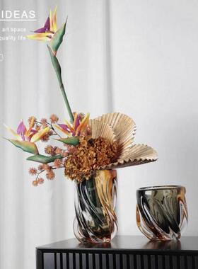 现代家居样板房间客厅渐变橙灰玻璃花瓶餐桌插花桌面摆件琉璃花器