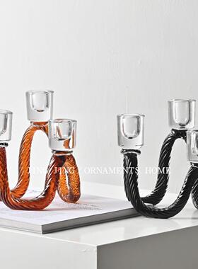 玻璃麻花中古烛台摆件家居餐桌茶几边几柜家具台面装饰氛围感烛台