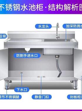 池商用不锈钢水柜水加厚沥移拉操门储物作台收残杀鱼台双槽