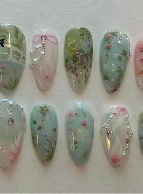24pcs Short Almond Press on Nails 3D Flower Butterfly Fake N